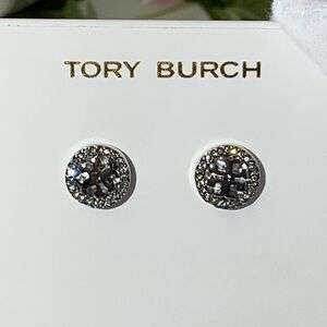 Tory Burch Double T Silver Plated Rhinestone Pierced Earring NEW